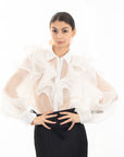 Multi Layer ruffles design sheer organza  shirt in White