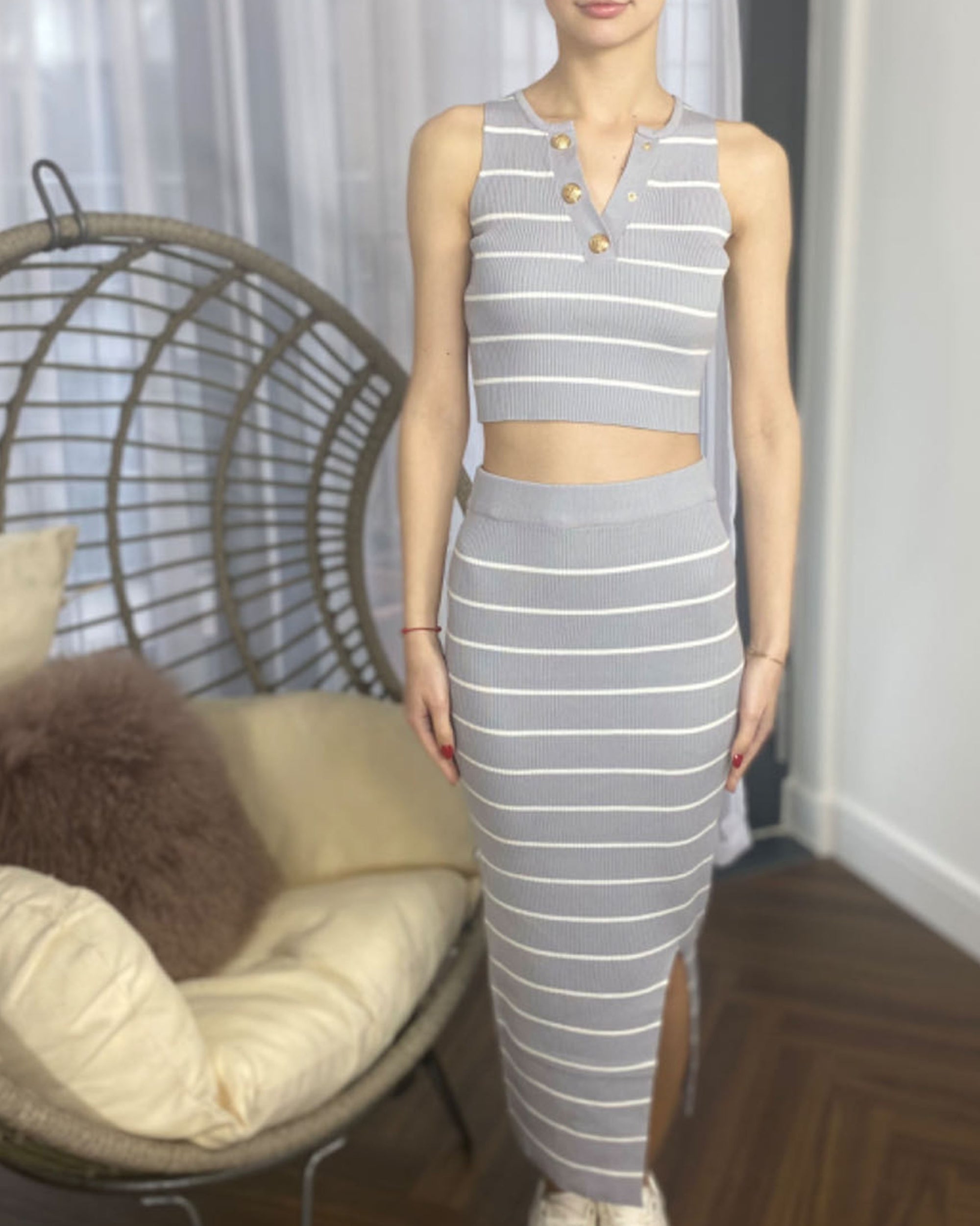 Knitted stripe print vest top and midi skirt co-ords set in grey