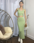 Knitted bodycon style vest top with tie up design and midi pencil skirt co-ords set in Green