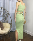 Knitted bodycon style vest top with tie up design and midi pencil skirt co-ords set in Green