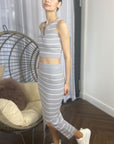 Knitted stripe print vest top and midi skirt co-ords set in grey