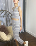 Knitted stripe print vest top and midi skirt co-ords set in grey