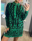 Fine Knit Leopard Print Pattern design Jumper Dress in Green