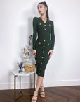 Long sleeves Buttons Design Midi bodycon dress in green