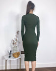 Long sleeves Buttons Design Midi bodycon dress in green