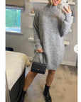 Super Soft Fine Knit Plain Color Funnel Neck Long Jumper Dress in grey