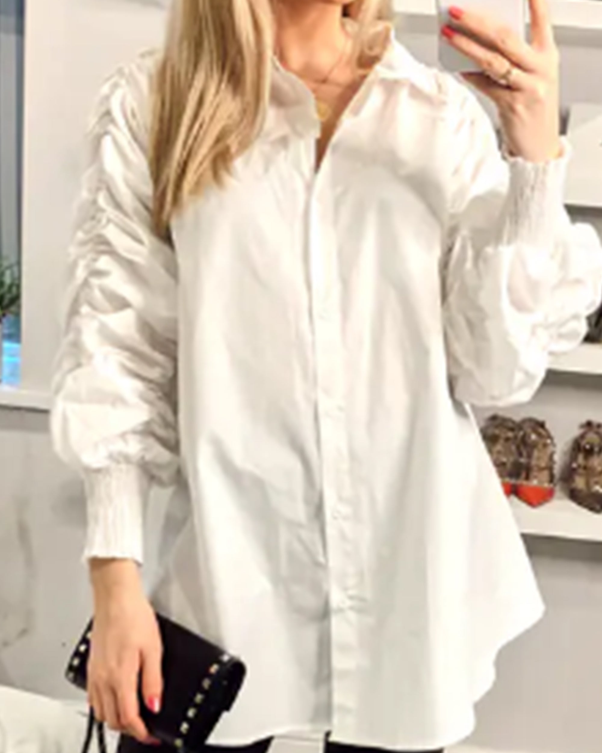 Cotton shirt with Ruched Sleeve in white