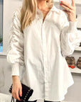 Cotton shirt with Ruched Sleeve in white