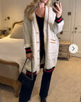 Jacquard design knit Long Cardigan with Gold Trim design in Cream