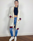 Jacquard design knit Long Cardigan with Gold Trim design in Cream