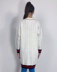 Jacquard design knit Long Cardigan with Gold Trim design in Cream