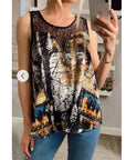 Vintage House Print Chiffon Vest Top (Black)