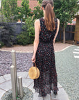 Chiffon Cross Wrap Maxi Dress Cat Print