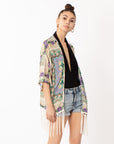 Floral Scarf Print Cotton Fringe Kimono Top