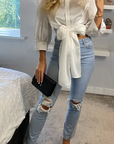 Cross Back and fron tie up crop shirt top in white