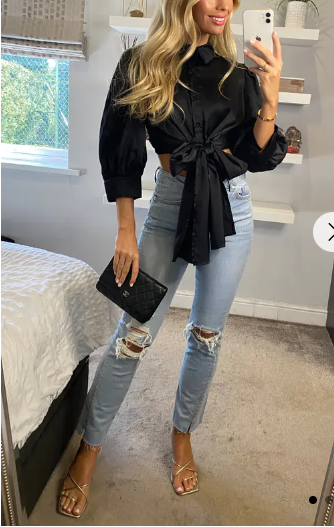 Cross Back and fron tie up crop shirt top in black