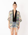 Floral Scarf Print Cotton Fringe Kimono Top