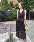 Chiffon Cross Wrap Maxi Dress Cat Print