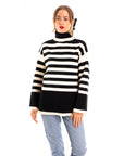 Soft Knit Striped roll-neck design cozy wool-blended jumper in black