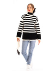 Soft Knit Striped roll-neck design cozy wool-blended jumper in black