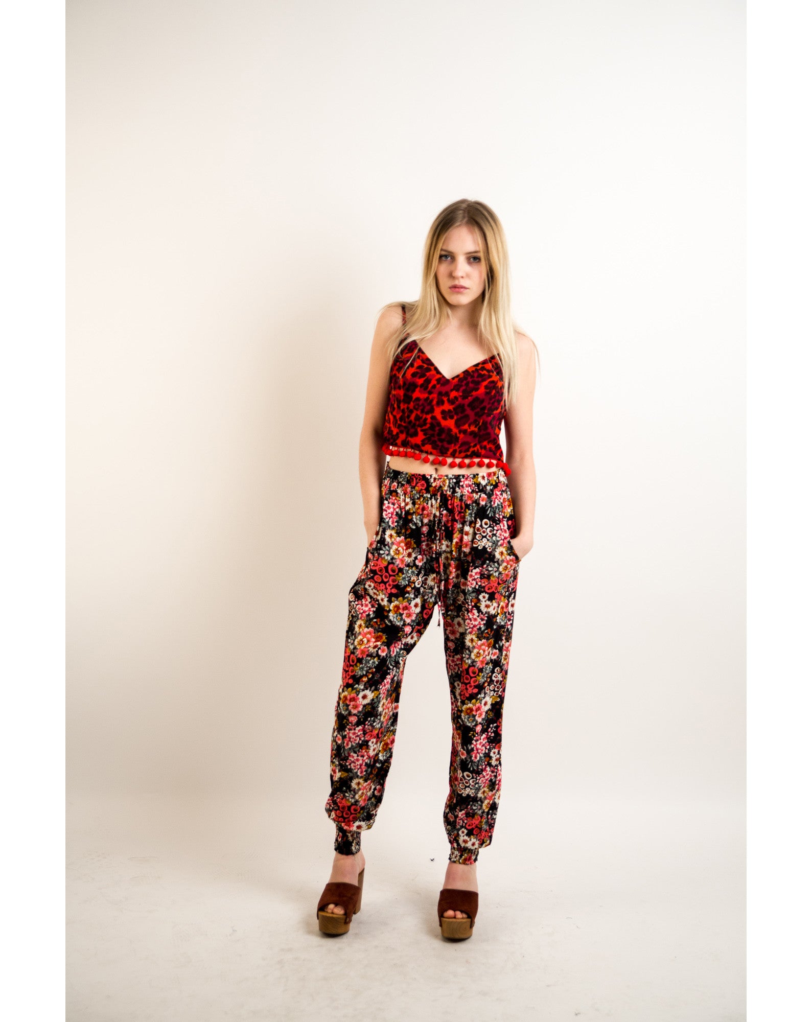 Floral print elasticated waist Cotton Trousers (Blue)