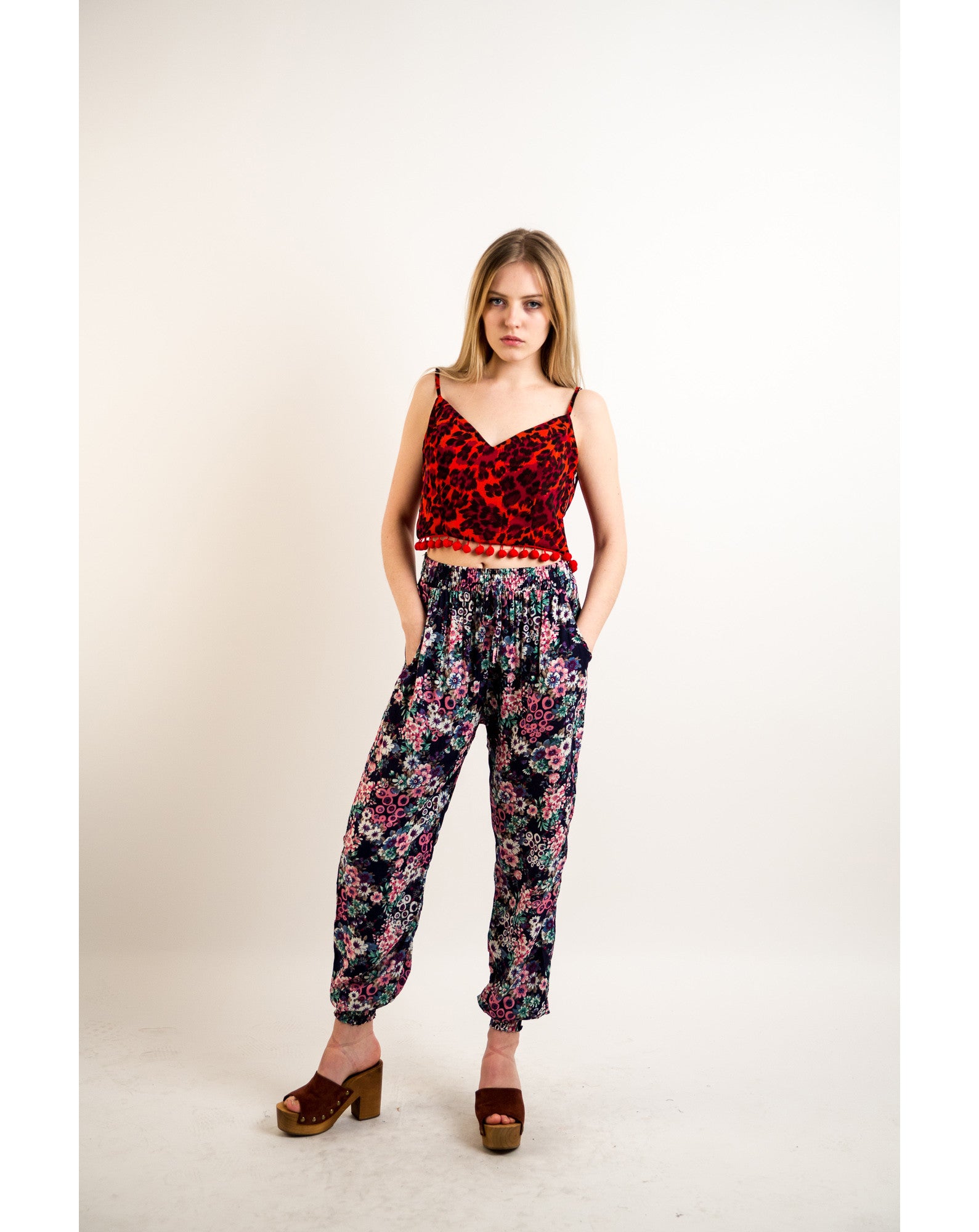 Floral print elasticated waist Cotton Trousers (Blue)