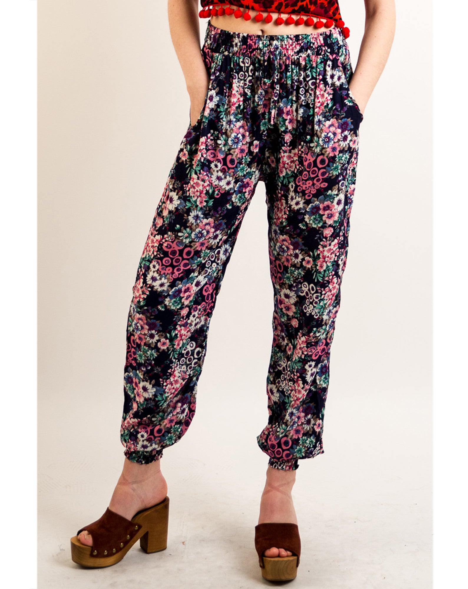 Floral print elasticated waist Cotton Trousers (Blue)