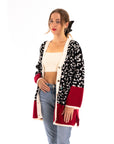 Leopard pattern design oversized cardigan with red hem