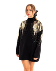 Gold Sliver Mix sequin embellished front and sleeves design jumper dress in black