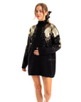 Gold Sliver Mix sequin embellished front and sleeves design jumper dress in black