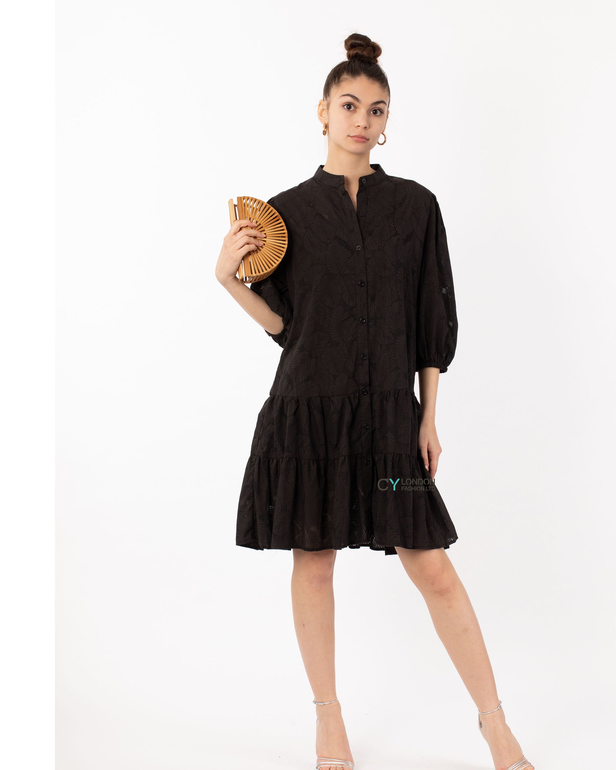 Leave&#39;s pattern shirt dress in black