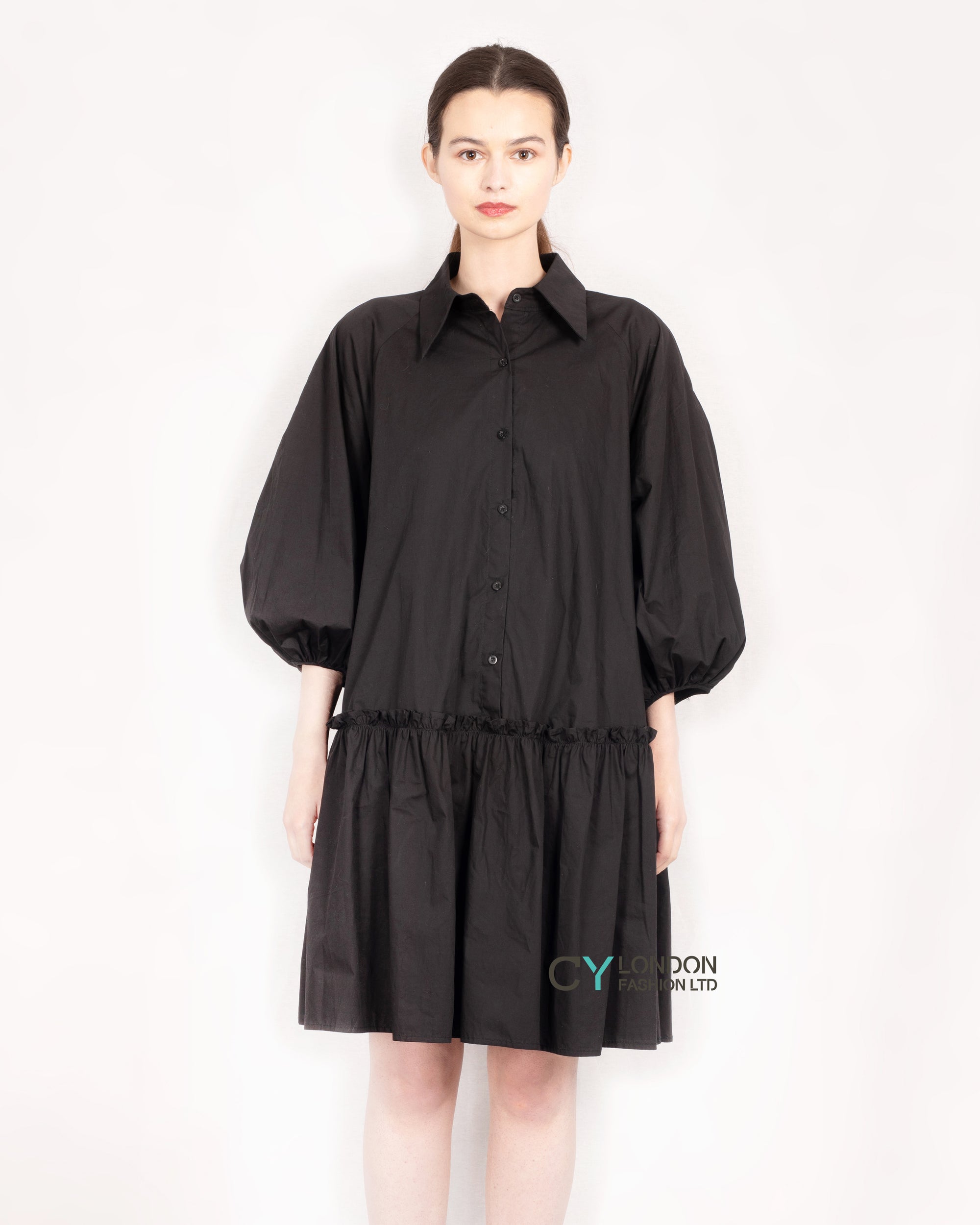 Oversized Cotton shirt dress with ruffle hem