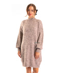 Super Soft Fine Knit Plain Color Funnel Neck Long Jumper Dress in Beige