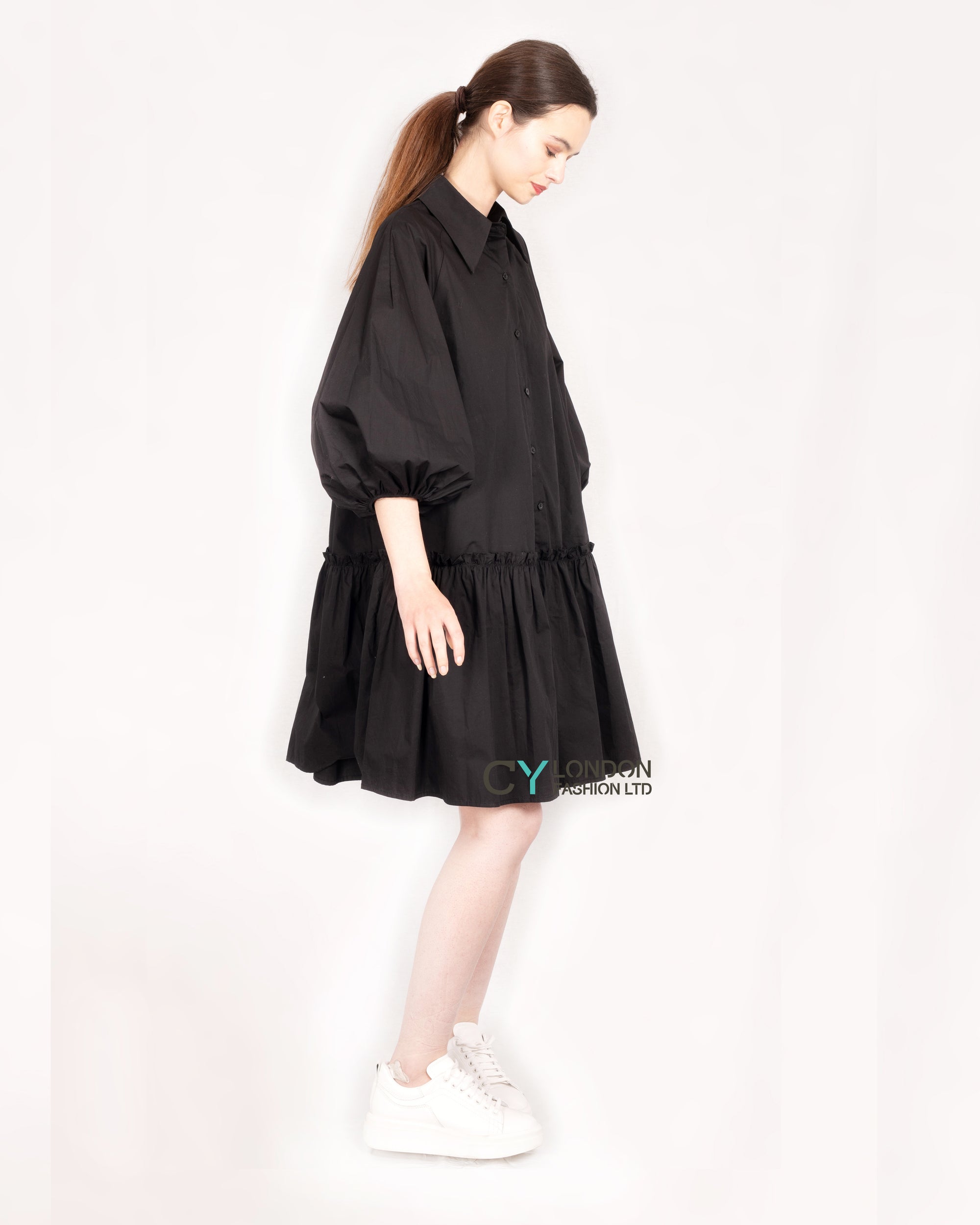 Oversized Cotton shirt dress with ruffle hem