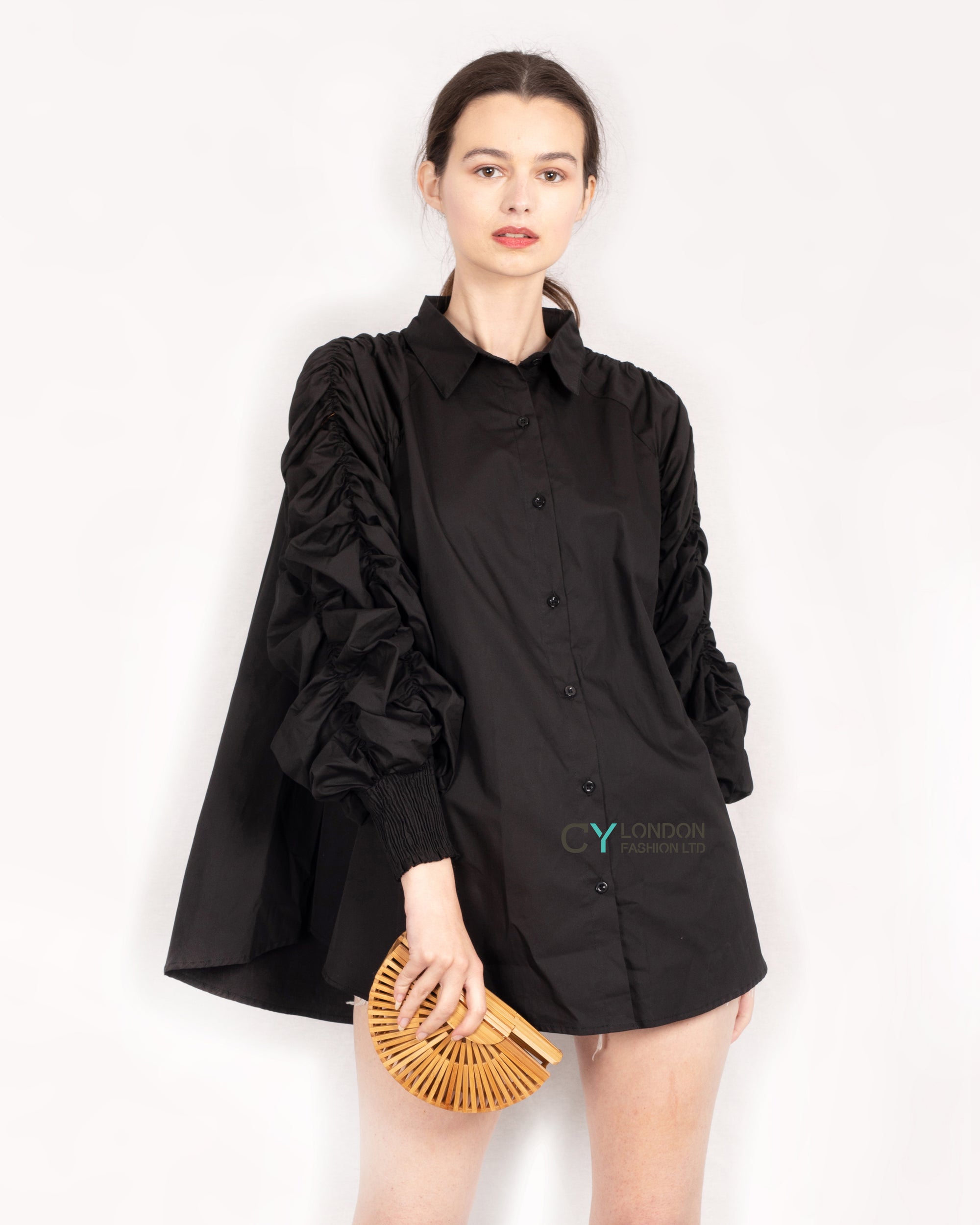 Cotton shirt with Ruched Sleeve in black