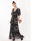 Floral Print Chiffon Wrap Maxi Dress (Black/grey print )