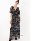 Floral Print Chiffon Wrap Maxi Dress (Black/grey print )