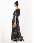 Floral Print Chiffon Wrap Maxi Dress (Black/grey print )