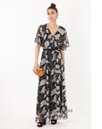 Floral Print Chiffon Wrap Maxi Dress (Black Rose)