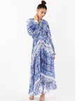 Blue monochrome scarf print pleated long shirt dress