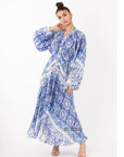 Blue monochrome scarf print pleated long shirt dress