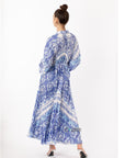 Blue monochrome scarf print pleated long shirt dress