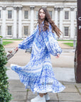 Blue monochrome scarf print pleated long shirt dress