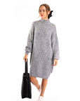 Super Soft Fine Knit Plain Color Funnel Neck Long Jumper Dress in grey