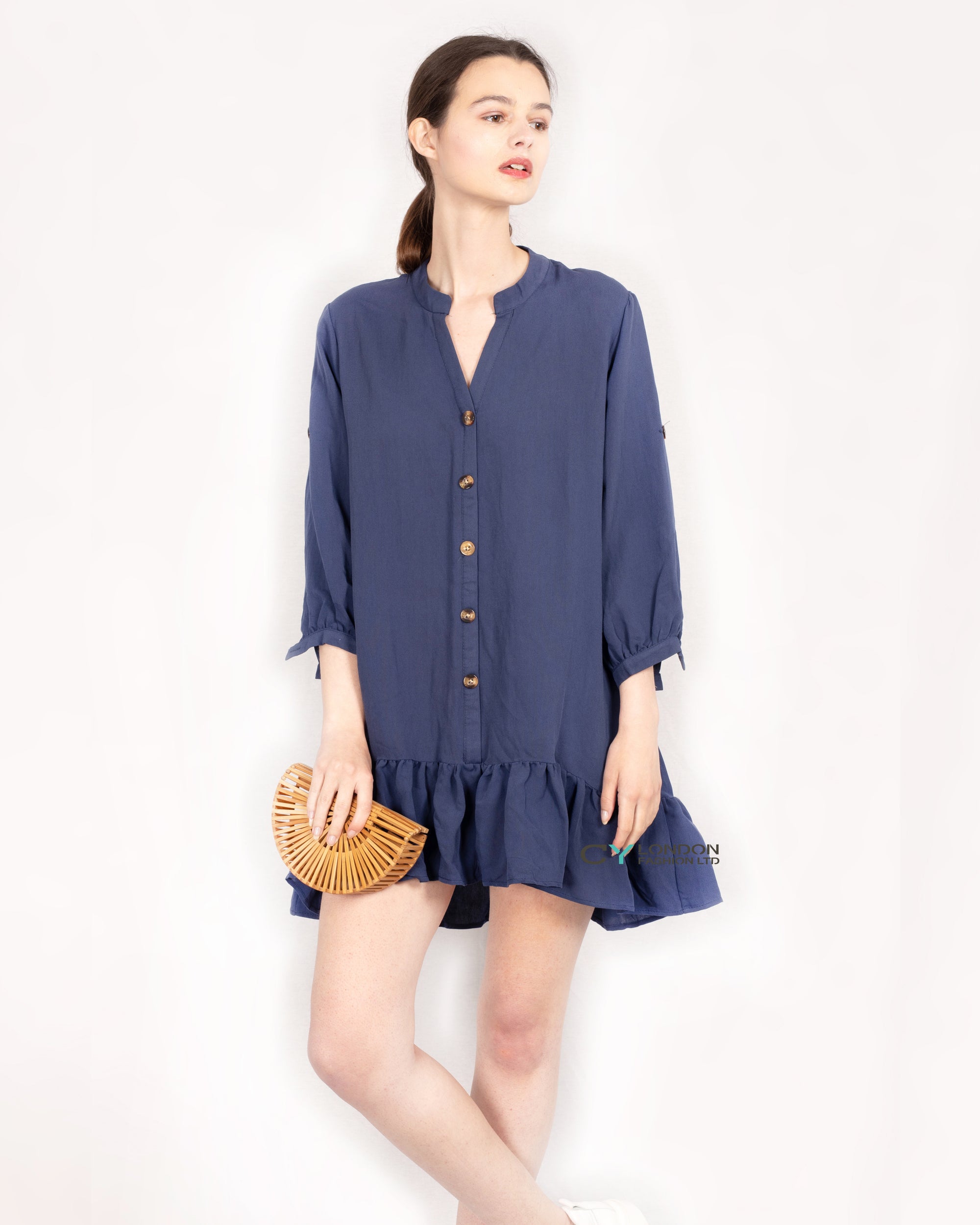 Long Sleeve Oversized Linen Shirt Dress in Navy Blue