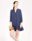 Long Sleeve Oversized Linen Shirt Dress in Navy Blue