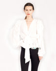 White Frill sleeves blouse bow tie up front with mesh hem