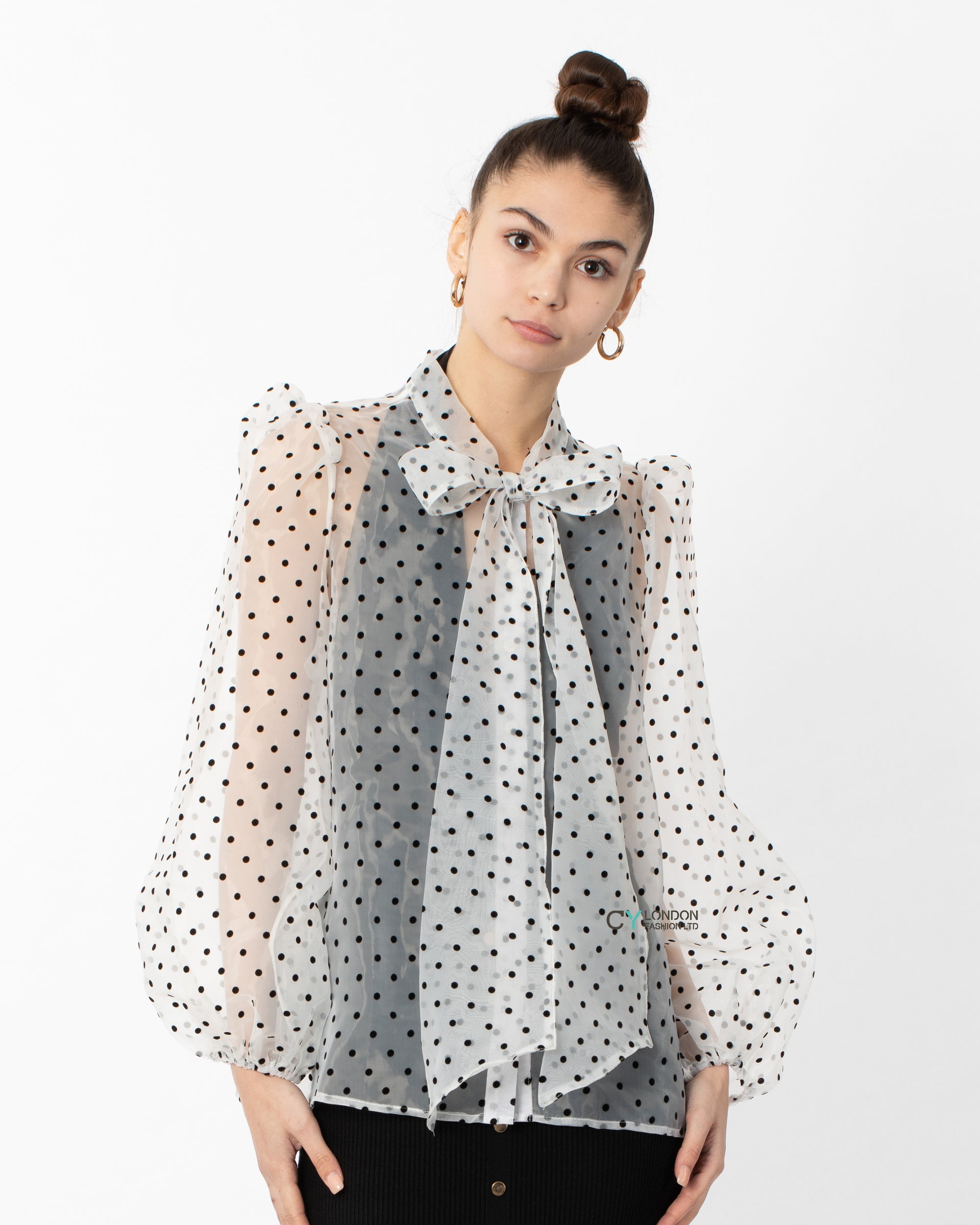 White color Oversized Organza shirt in polka dot print with bow design