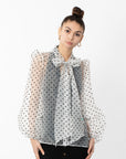 White color Oversized Organza shirt in polka dot print with bow design