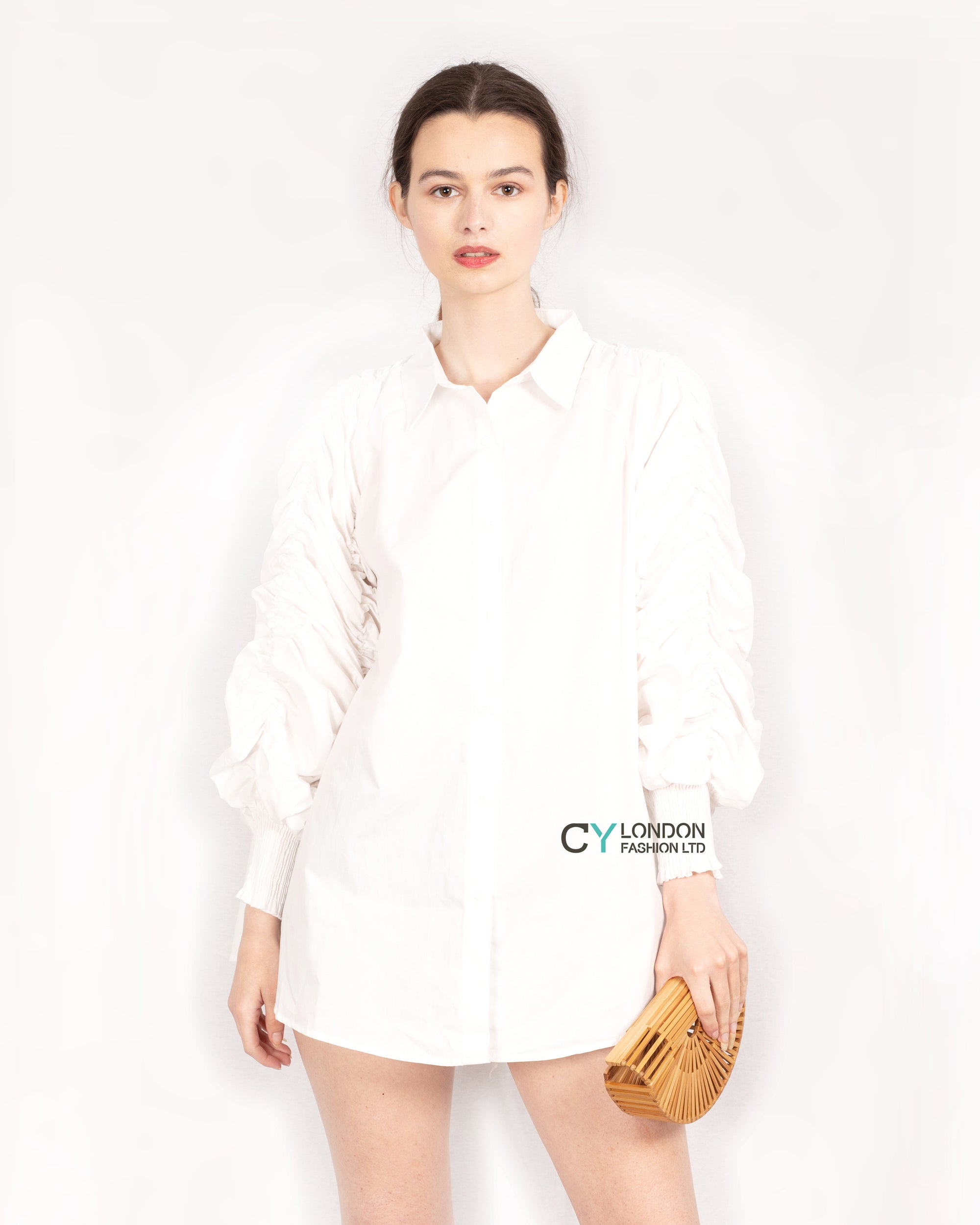 Cotton shirt with Ruched Sleeve in white